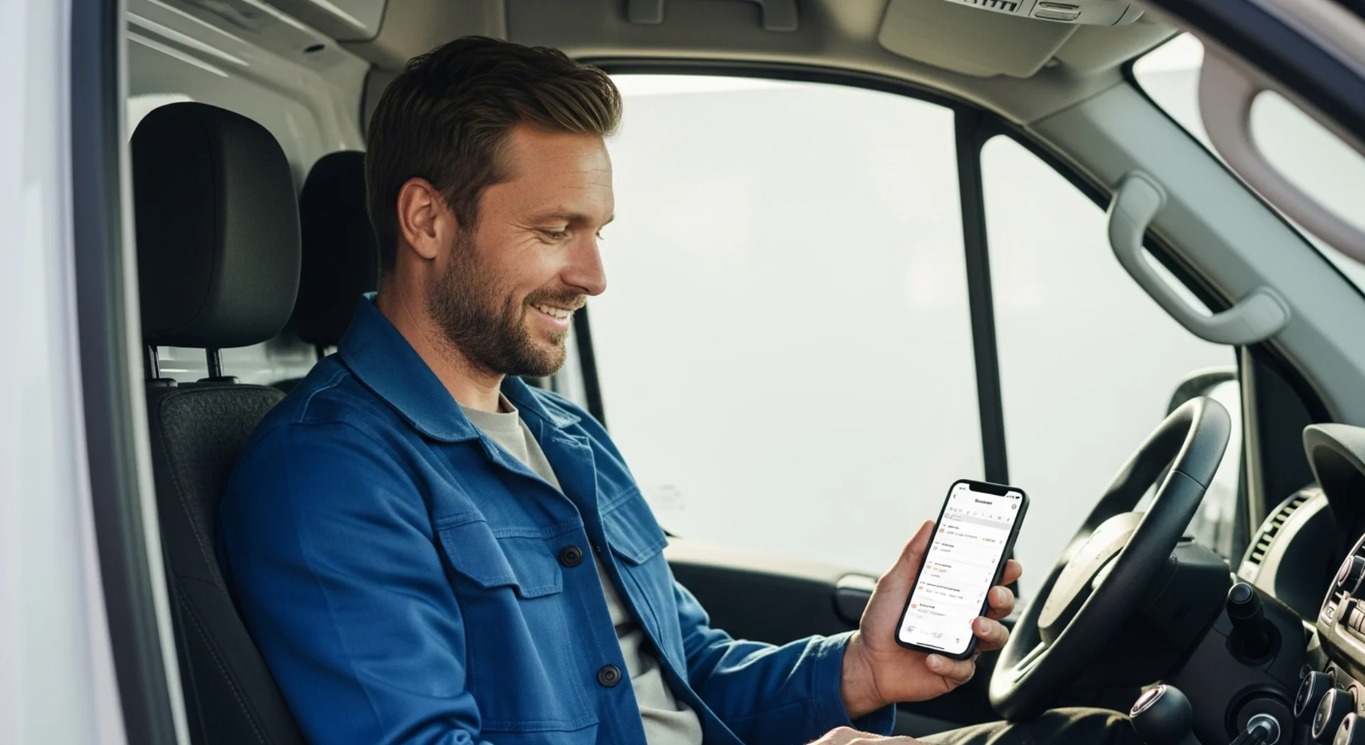 Servicemedarbejder i varevognen med dagens plan på telefonen